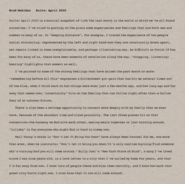 MEHLDAU, BRAD | SUITE: APRIL 2020 | VINYL RECORD (LP)