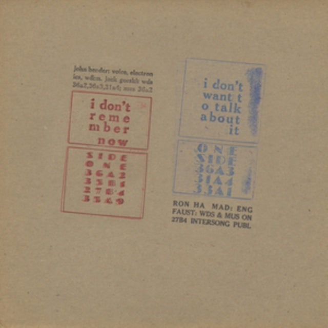 BENDER, JOHN | I DON'T REMEMBER NOW / I DON'T WANT TO TALK ABOUT IT | VINYL RECORD (LP)