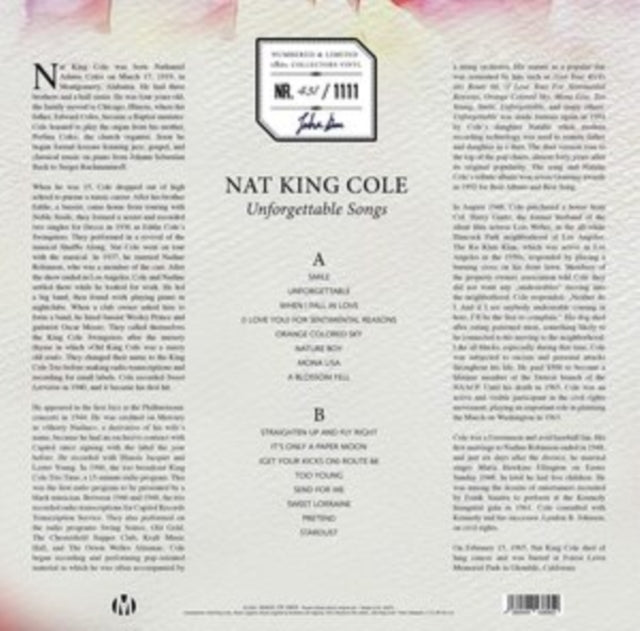NAT KING COLE | UNFORGETTABLE SONGS | VINYL RECORD (LP)